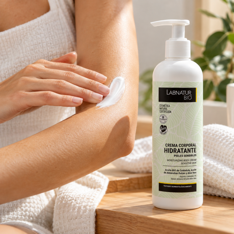 Aplicación de la Crema Corporal Hidratante Pieles Sensibles 400 ml Labnatur Bio sobre el brazo, junto al envase con dosificador.