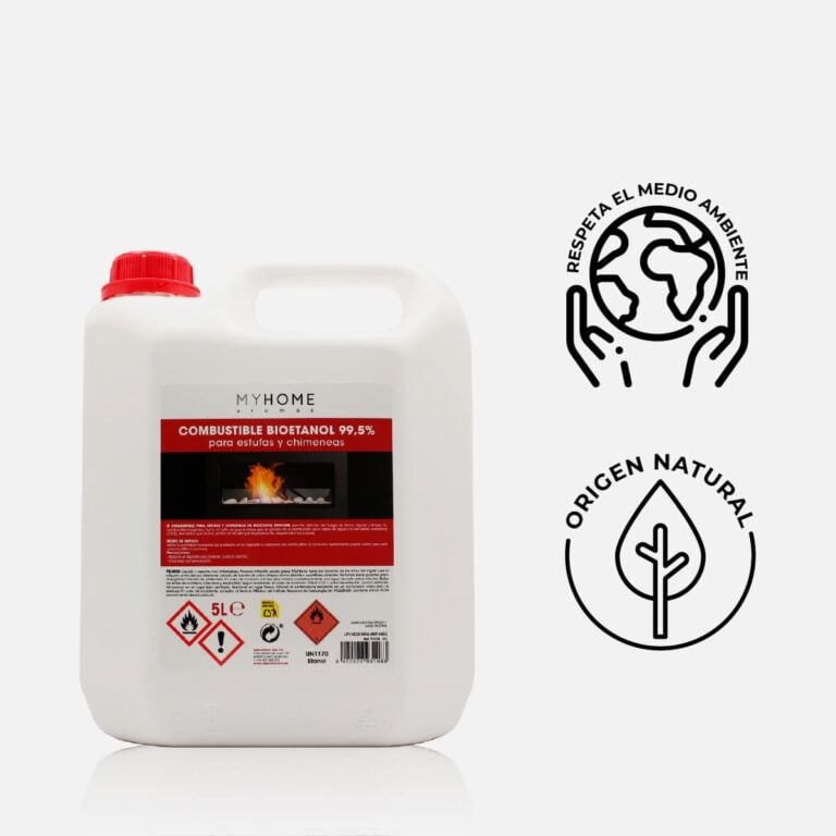 Bioetanol 99,5% Origen Vegetal MyHome con iconos de origen natural y respeto por el medio ambiente.