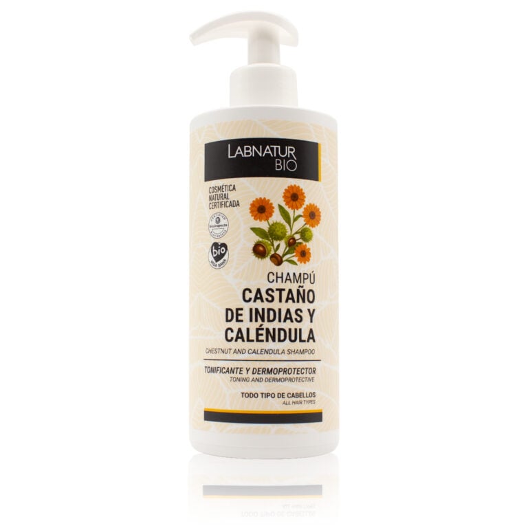 Envase frontal del Champú Tonificante Castaño de Indias y Caléndula 450ml Labnatur Bio con dosificador blanco
