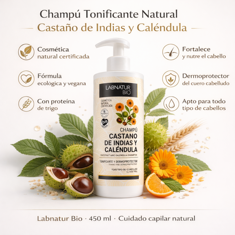 Champú Tonificante Castaño de Indias y Caléndula 450ml Labnatur Bio rodeado de castañas, flores, naranja y trigo