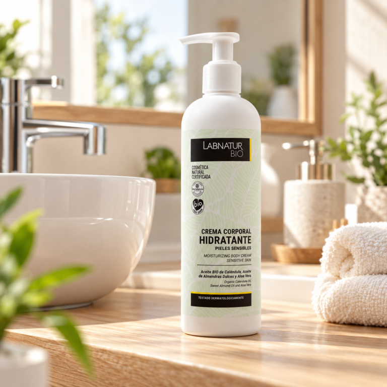 Crema Corporal Hidratante Pieles Sensibles 400 ml Labnatur Bio en baño, con aceites de caléndula bio, almendras dulces, aloe vera y karité.