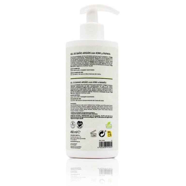 Vista posterior del Gel de Ducha Argán, Kiwi y Papaya 450ml Labnatur Bio con dosificador blanco