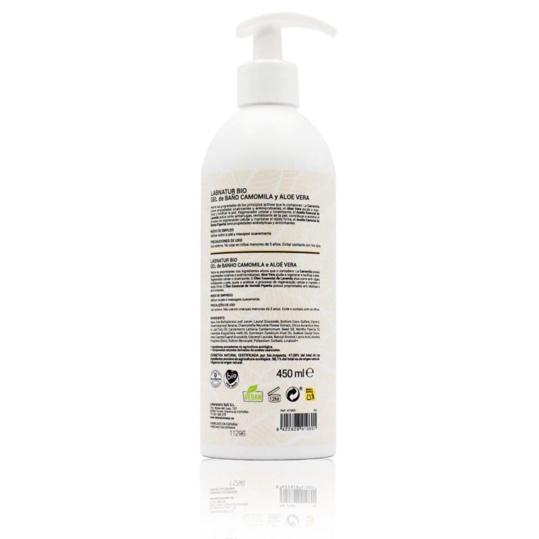 Vista posterior del Gel de Ducha Camomila y Aloe Vera 450ml Labnatur Bio con dosificador blanco