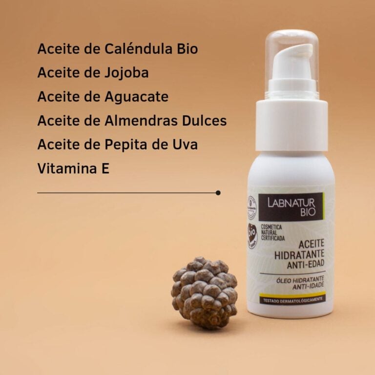 Ingredientes del Aceite Hidratante Antiedad Labnatur Bio con caléndula bio, jojoba, aguacate, almendras dulces, pepita de uva y vitamina E.