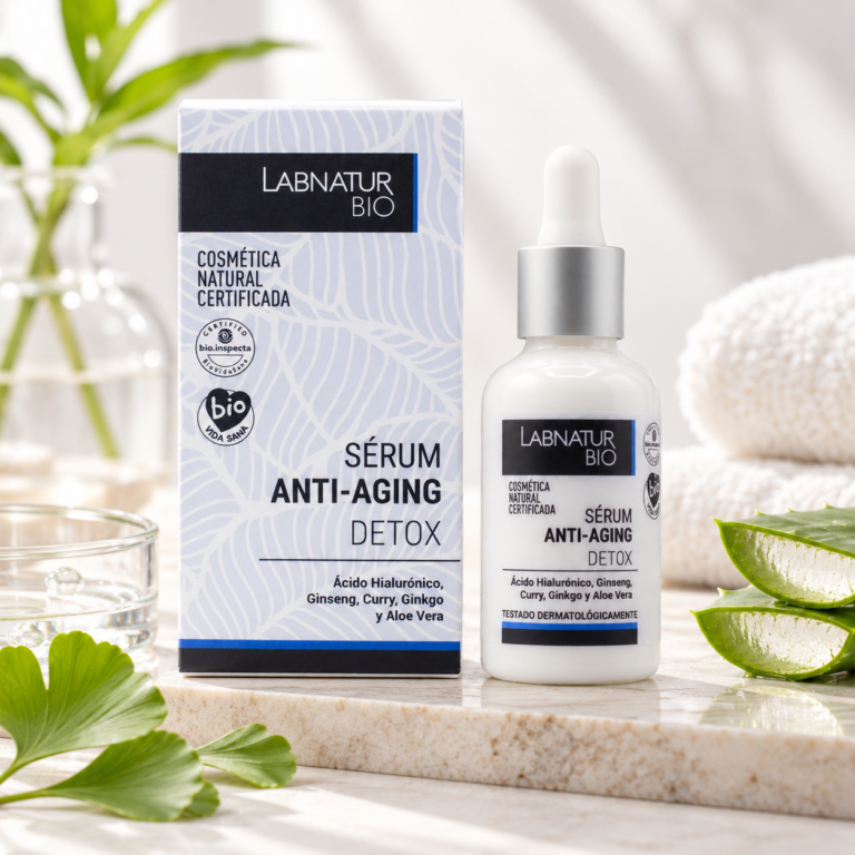 Sérum Facial Anti-Aging Detox 30 ml Labnatur Bio con estuche y frasco cuentagotas, formulado con ácido hialurónico, ginseng, curry, ginkgo biloba y aloe vera.