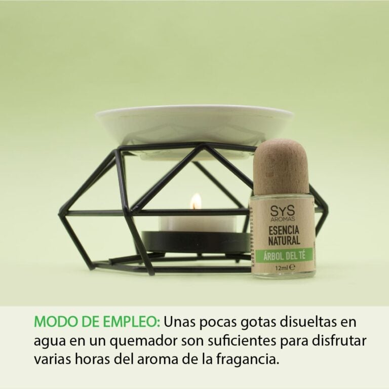 Esencia Árbol de Té 12ml SYS Aromas junto a un quemador con vela e instrucciones de uso