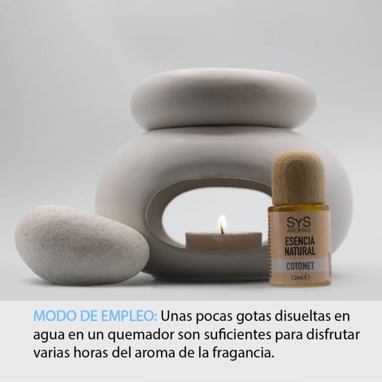 Esencia Cotonet 12ml SYS Aromas junto a quemador de cerámica con vela e instrucciones de uso