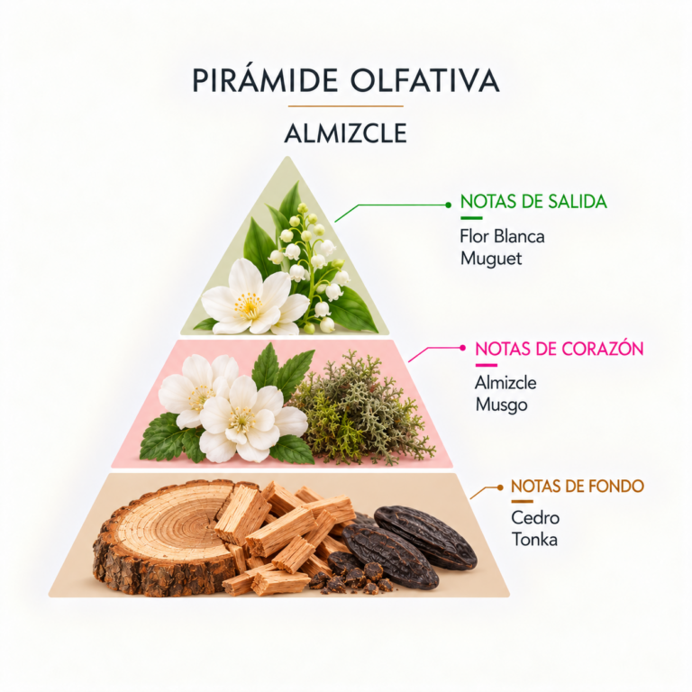 Pirámide olfativa de la Esencia Almizcle 12 ml SYS Aromas con flor blanca, muguet, almizcle, musgo, cedro y tonka.
