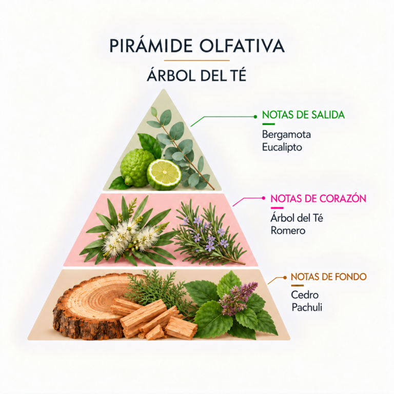 Pirámide olfativa de la Esencia Árbol del Té 12 ml SYS Aromas con bergamota, eucalipto, árbol del té, romero, cedro y pachuli.