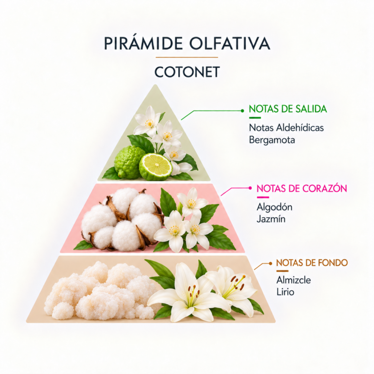 Pirámide olfativa de la Esencia Cotonet 12 ml SYS Aromas con notas aldehídicas, bergamota, algodón, jazmín, almizcle y lirio.