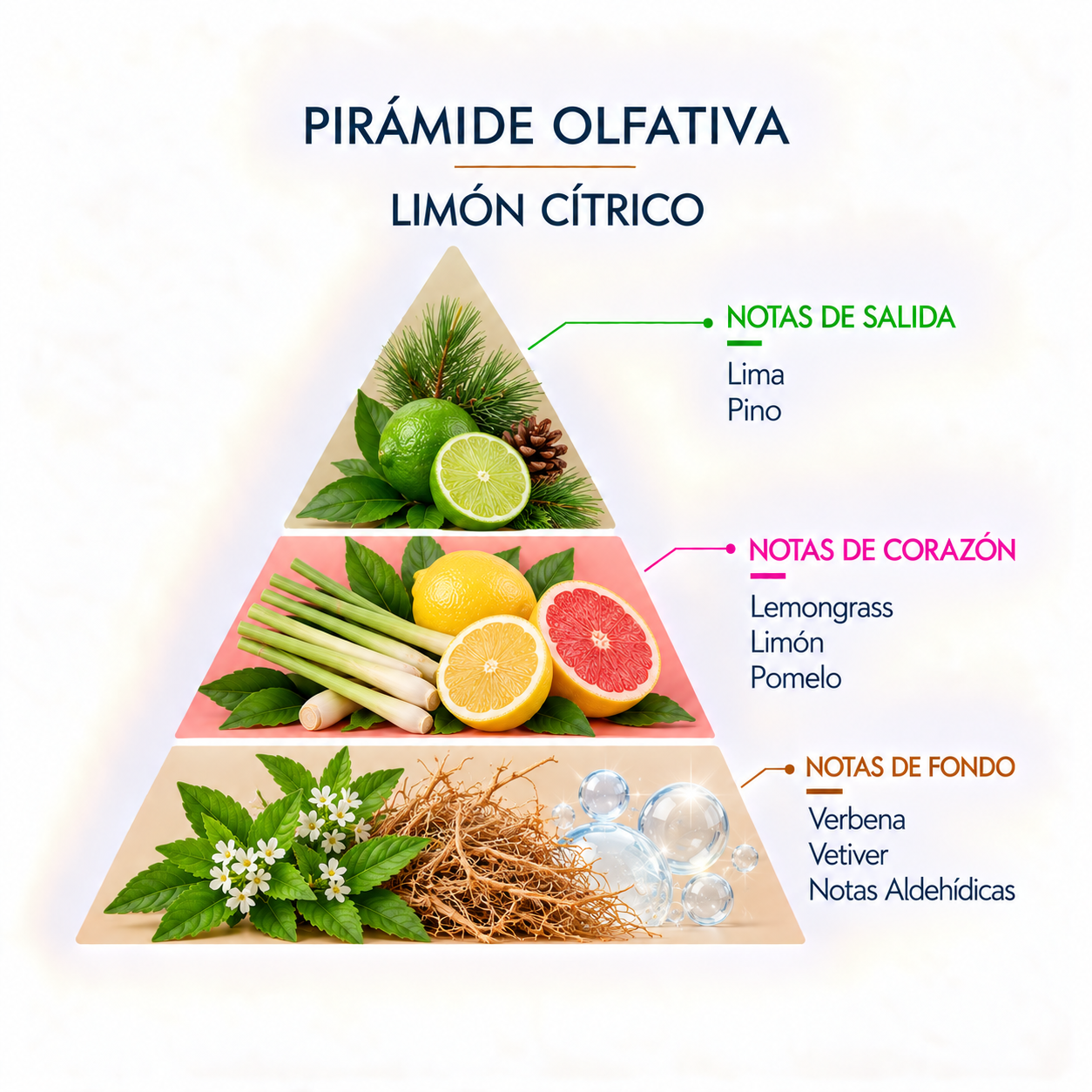 Pirámide olfativa de la Esencia Limón Cítrico 12 ml SYS Aromas con lima, pino, lemongrass, limón, pomelo, verbena, vetiver y notas aldehídicas.