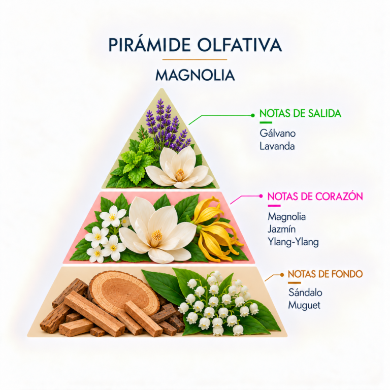 Pirámide olfativa de la Esencia Magnolia 12 ml SYS Aromas con gálbano, lavanda, magnolia, jazmín, ylang-ylang, sándalo y muguet.