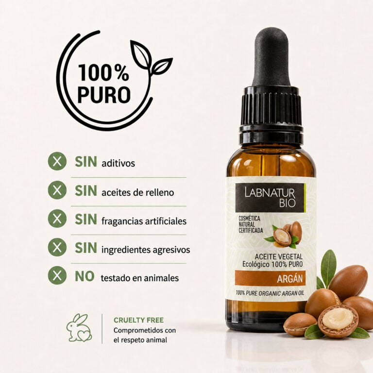 Aceite Argán 100% Puro Labnatur Bio sin aditivos, sin aceites de relleno, sin fragancias artificiales y cruelty free.