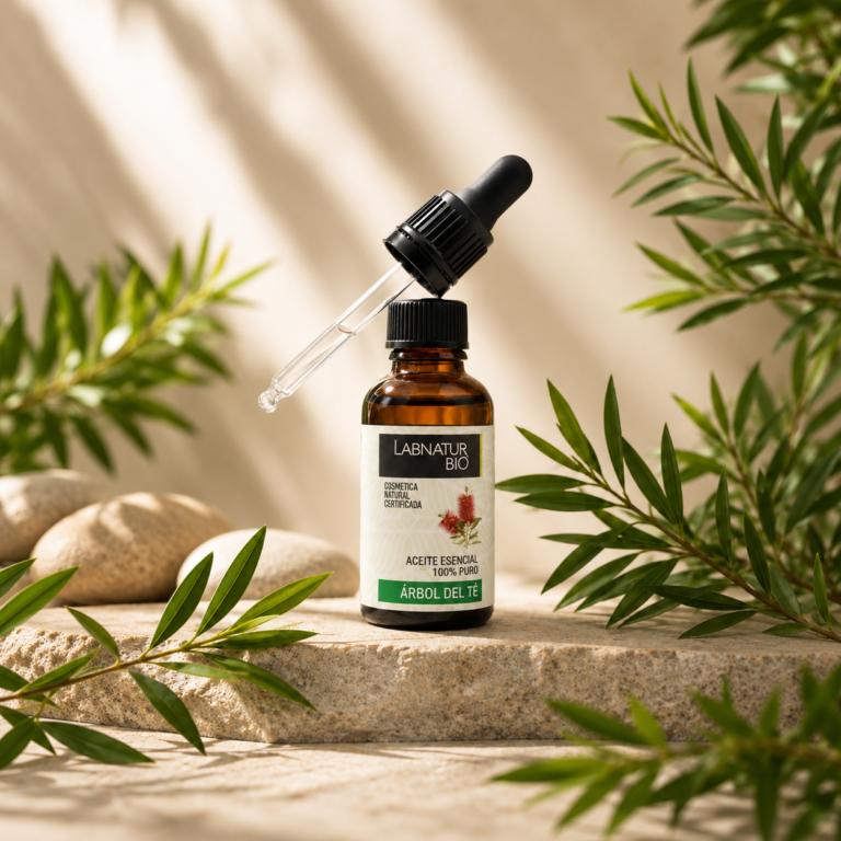 Aceite Esencial Árbol del Té 100% Puro 30 ml Labnatur Bio con pipeta en ambiente natural, ideal para piel y cabello.