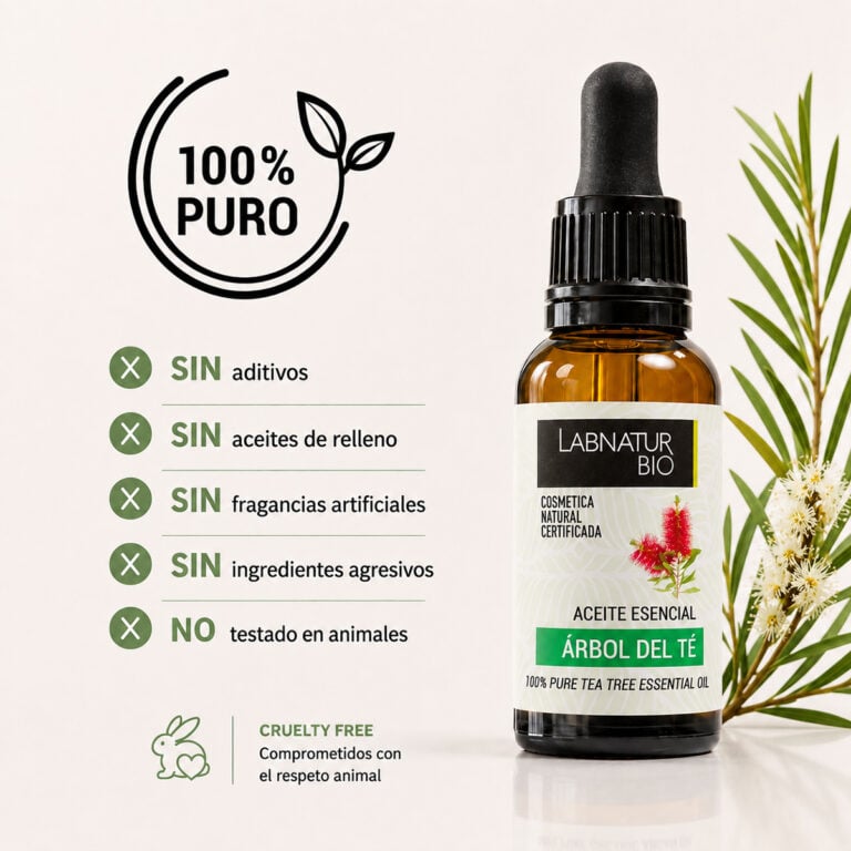Aceite Esencial Árbol del Té 100% Puro Labnatur Bio sin aditivos, sin aceites de relleno y cruelty free.