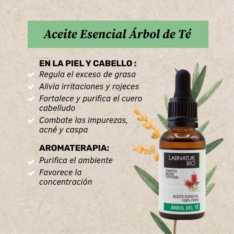 Aceite Esencial Árbol del Té Labnatur Bio para piel, cabello y aromaterapia, con acción purificante y refrescante.