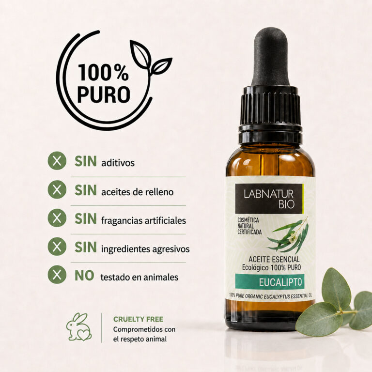 Aceite Esencial Eucalipto 100% Puro Labnatur Bio sin aditivos, sin aceites de relleno, sin fragancias artificiales y cruelty free.