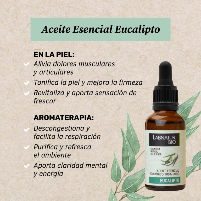 Aceite Esencial Eucalipto Labnatur Bio para masaje corporal, sensación de frescor, aromaterapia y ambiente balsámico.