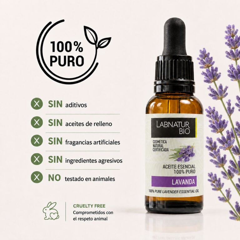 Aceite Esencial Lavanda 100% Puro Labnatur Bio sin aditivos, sin aceites de relleno, sin fragancias artificiales y cruelty free.