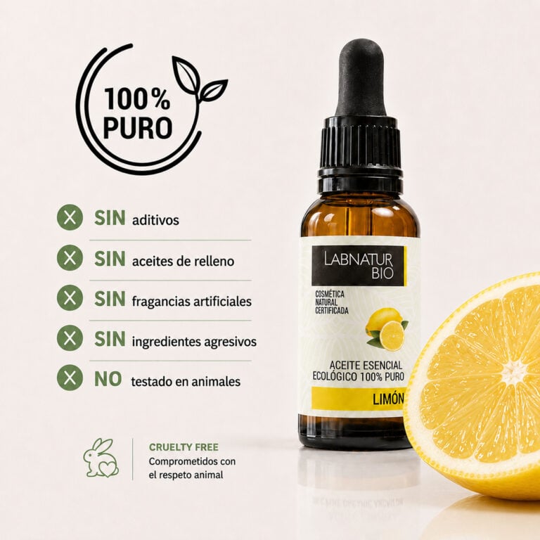 Aceite Esencial Limón 100% Puro Labnatur Bio sin aditivos, sin aceites de relleno, sin fragancias artificiales y cruelty free.