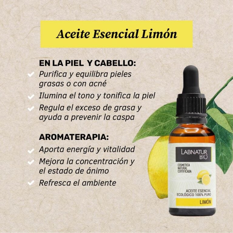 Aceite Esencial Limón Labnatur Bio para piel grasa, poros, cuero cabelludo y cuidado capilar natural.