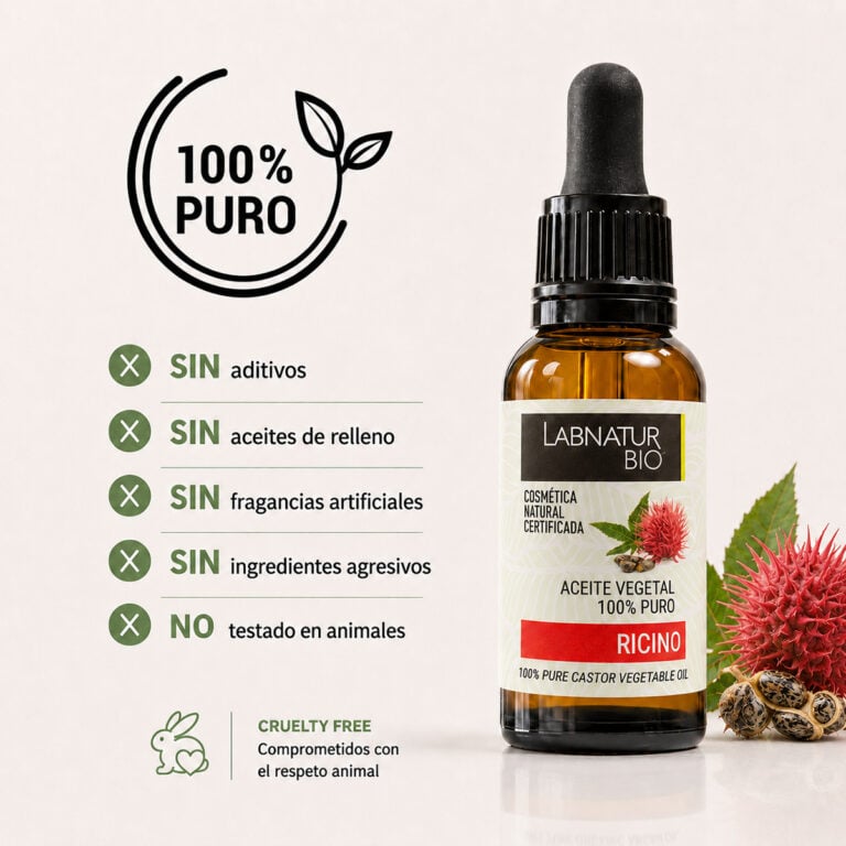 Aceite Ricino 100% Puro Labnatur Bio sin aditivos, sin aceites de relleno, sin fragancias artificiales y cruelty free.
