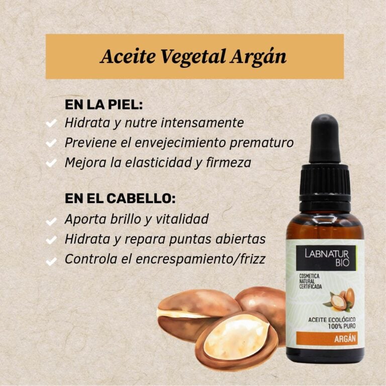 Beneficios del Aceite Argán 100% Puro Labnatur Bio para hidratar la piel, aportar brillo al cabello y controlar el encrespamiento.