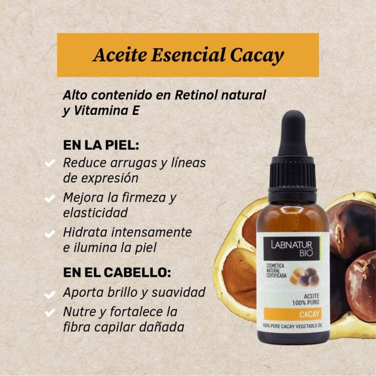 Beneficios del Aceite Cacay 100% Puro Labnatur Bio con retinol natural y vitamina E para piel y cabello.