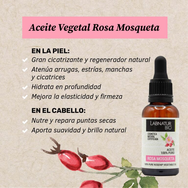 Beneficios del Aceite Rosa Mosqueta 100% Puro Labnatur Bio para hidratar la piel, mejorar elasticidad y nutrir el cabello.