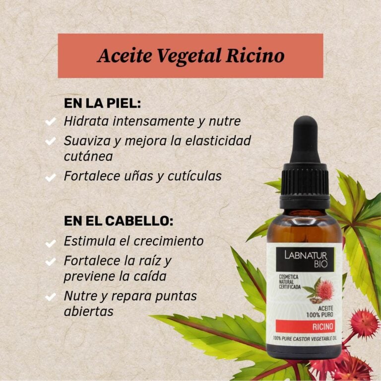 Beneficios del Aceite Vegetal Ricino Labnatur Bio para hidratar la piel, fortalecer uñas, nutrir cabello y reparar puntas.