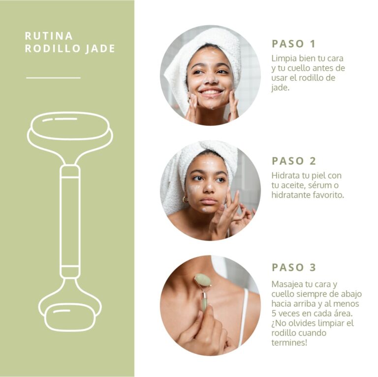 Masajeador Facial Rodillo de Jade utilizado con crema o sérum para mejorar la rutina facial hidratante.
