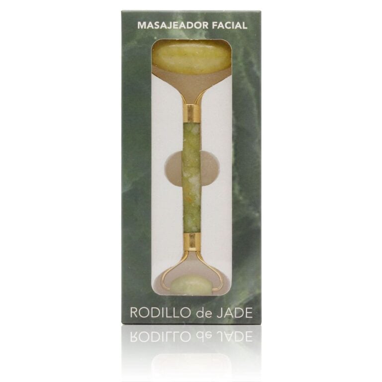 Masajeador Facial Rodillo de Jade natural con doble rodillo para rostro, contorno de ojos y cuello.