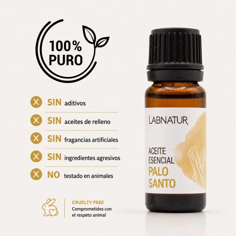 Beneficios del Aceite Esencial Palo Santo Labnatur 10ml para relajación, meditación, concentración, masajes y difusor.