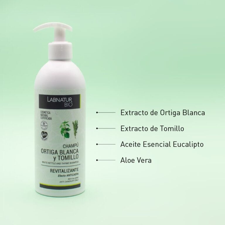 Champú Revitalizante Ortiga Blanca y Tomillo 450ml Labnatur Bio junto a sus ingredientes destacados