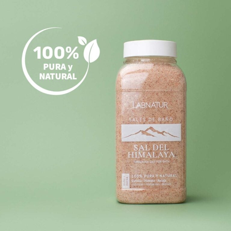Envase de Sales de Baño del Himalaya 1200g Labnatur con cristales rosados y distintivo 100% pura y natural