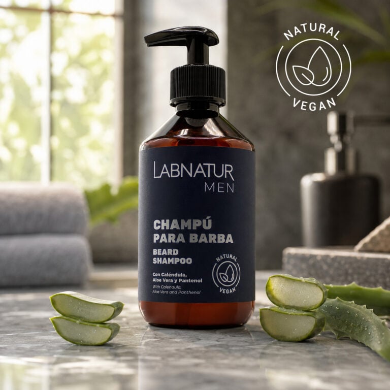 Champú Natural para Barba Labnatur 300ml con aloe vera en ambiente de baño y sello natural vegano.