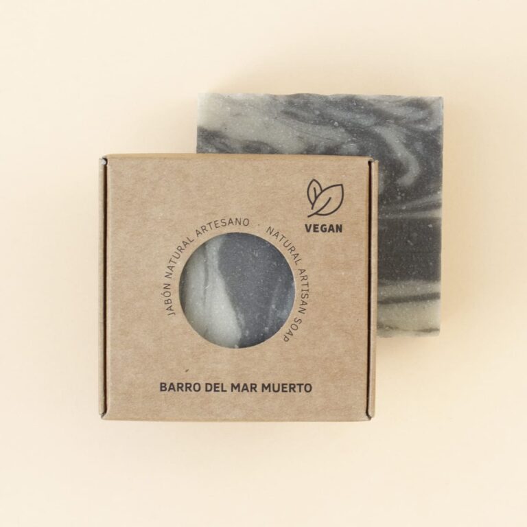Estuche kraft de Jabón Natural Artesano Barro del Mar Muerto 100g Labnatur delante de una pastilla gris marmolada