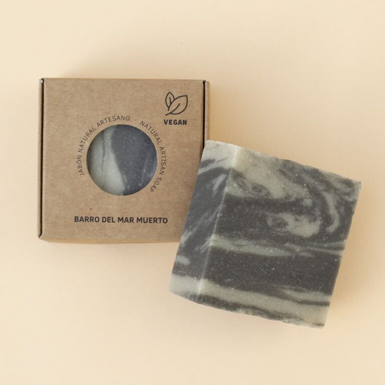 Pastilla marmolada de Jabón Natural Artesano Barro del Mar Muerto 100g Labnatur inclinada junto a su estuche kraft vegano