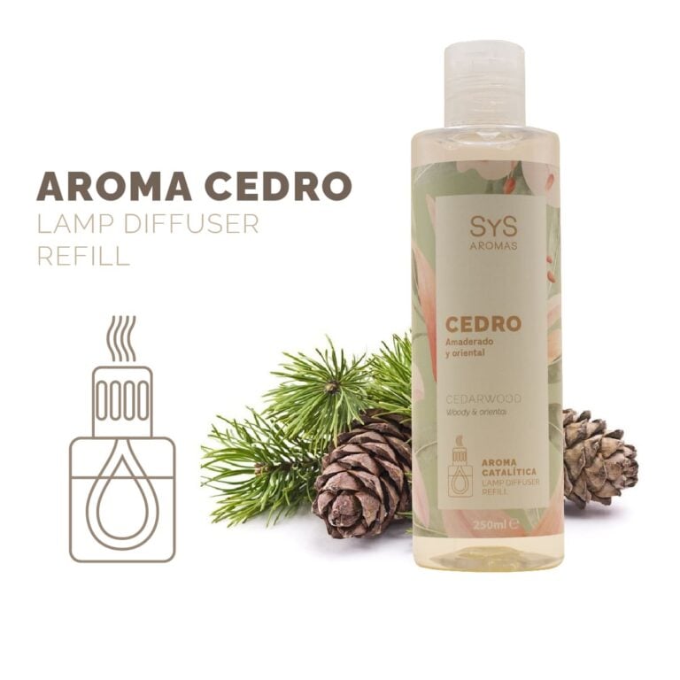Aroma para Lámpara Catalítica Cedro 250ml SYS Aromas con ramas verdes piñas e icono de difusor