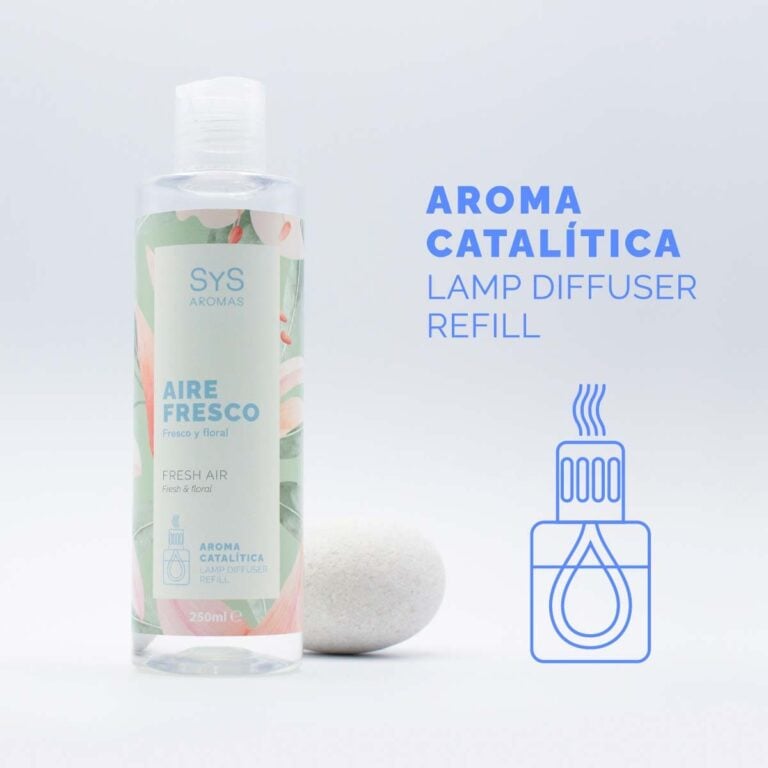 Aroma para Lámpara Catalítica Aire Fresco 250ml SYS Aromas junto a piedra decorativa e icono de difusor