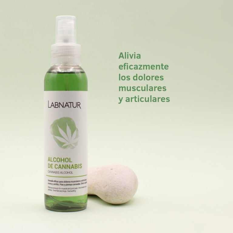 Alcohol de Cannabis 125ml Labnatur junto al texto sobre dolores musculares y articulares