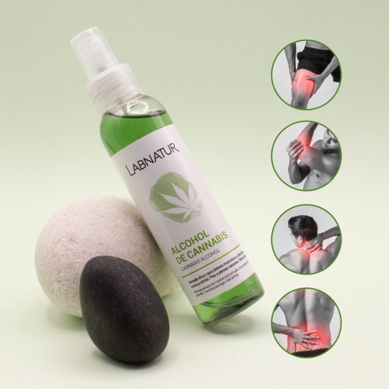 Alcohol de Cannabis 125ml Labnatur inclinado junto a dos piedras y cuatro zonas corporales destacadas en rojo