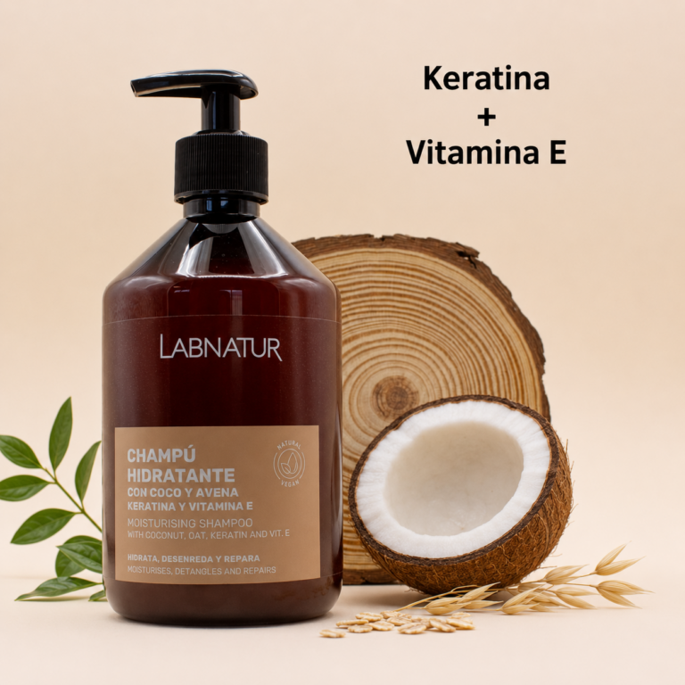 Champú Hidratante Coco y Avena con Keratina 500ml Labnatur junto a coco, avena y una rodaja de madera