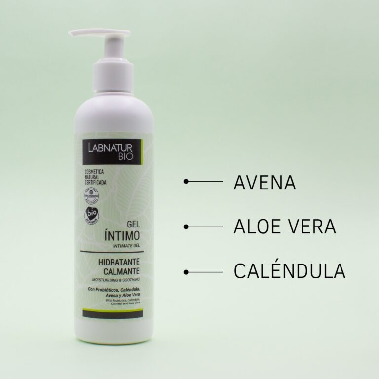Gel Íntimo 300ml Labnatur Bio junto a los textos avena, aloe vera y caléndula sobre fondo verde claro