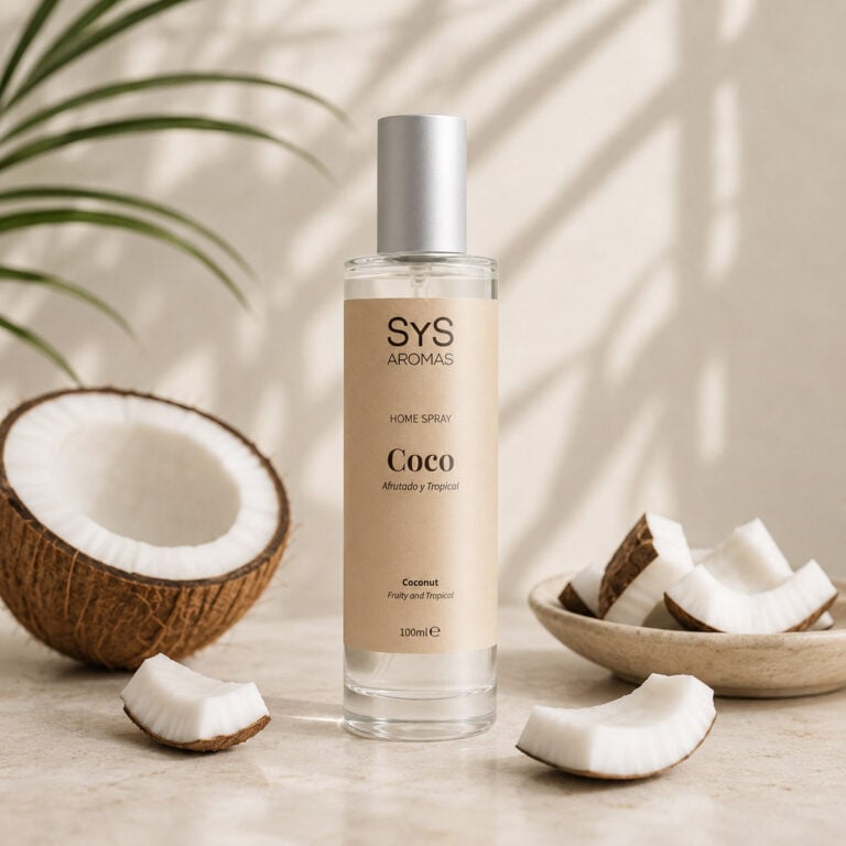 Ambientador Pulverizador Coco 100 ml Origins SYS Aromas con coco partido, trozos de coco y aroma dulce tropical.