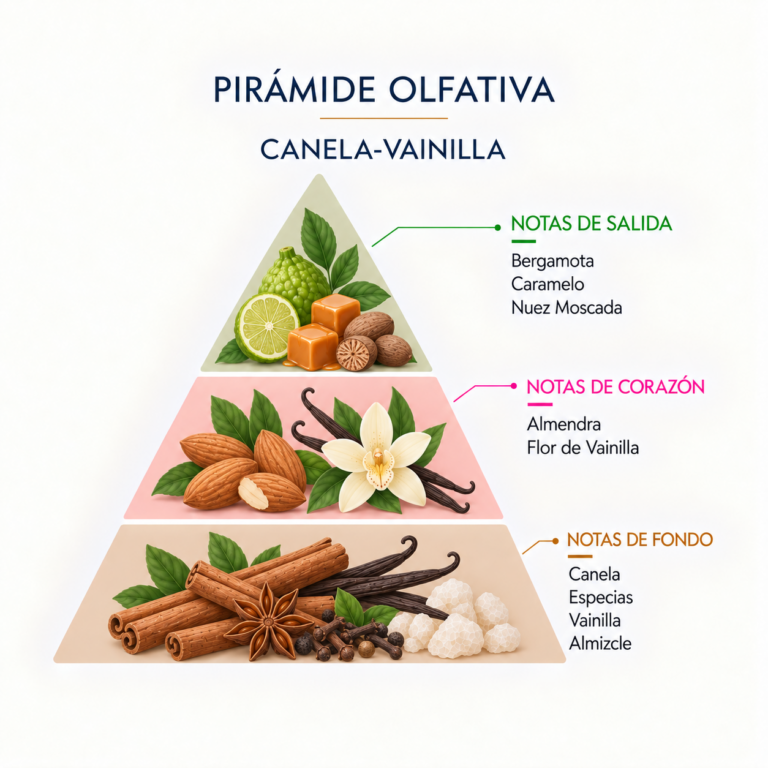 Pirámide olfativa del Ambientador Mikado Canela-Vainilla 50 ml SYS Aromas con bergamota, caramelo, nuez moscada, almendra, flor de vainilla, canela, especias, vainilla y almizcle.