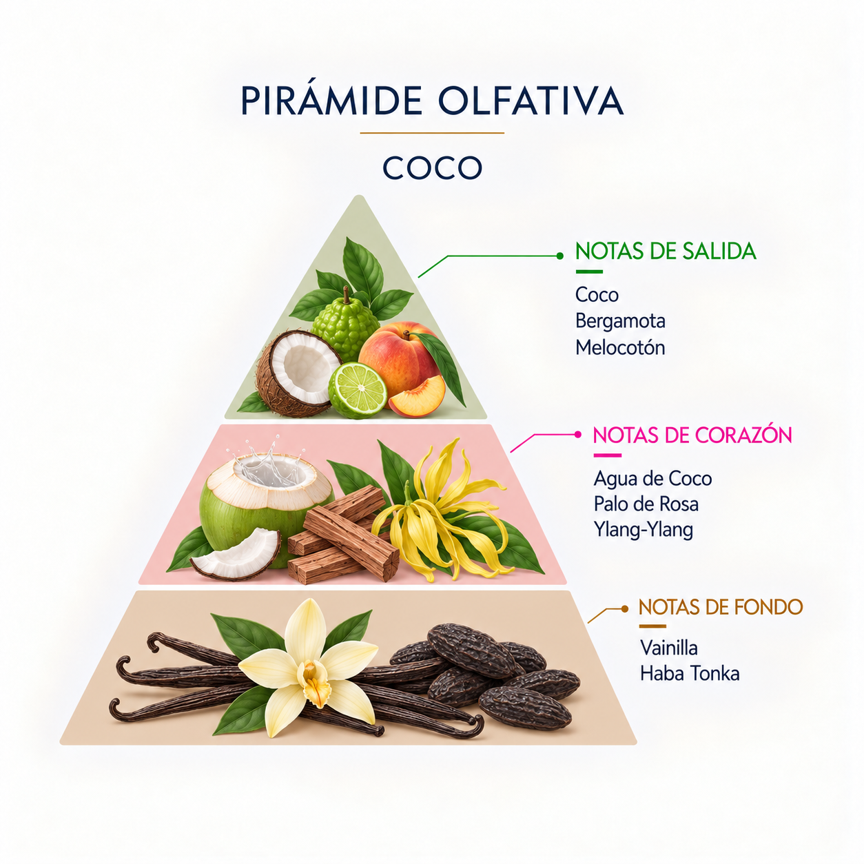 Pirámide olfativa del Ambientador Mikado Coco 100 ml SYS Aromas con coco, bergamota, melocotón, agua de coco, palo de rosa, ylang-ylang, vainilla y haba tonka.