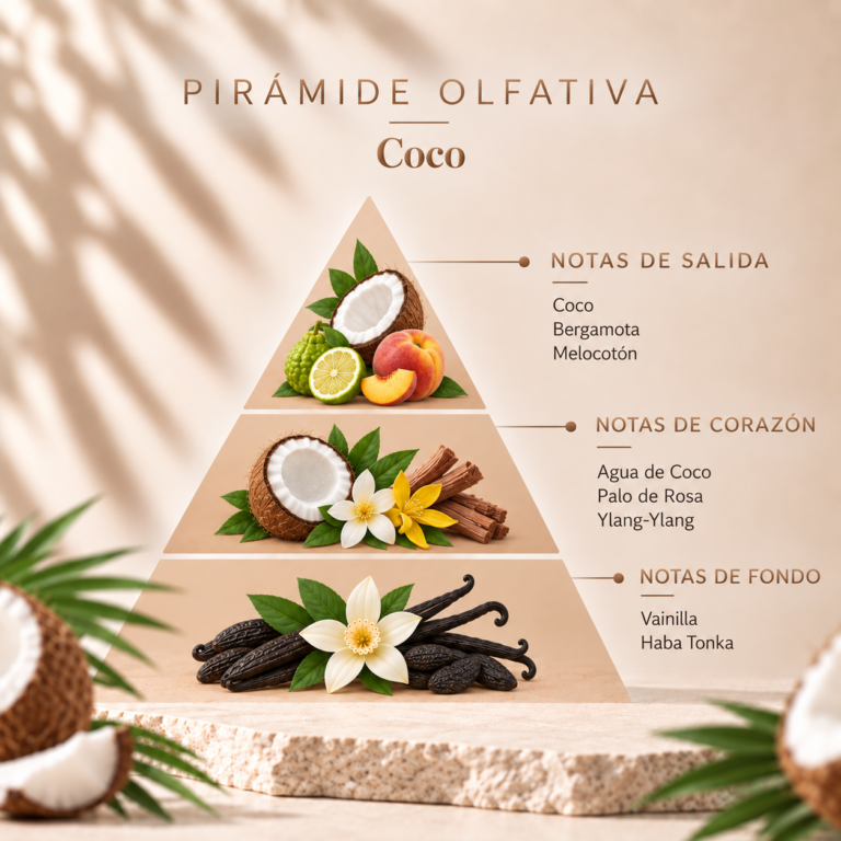 Pirámide olfativa del Ambientador Pulverizador Coco 100 ml SYS Aromas con coco, bergamota, melocotón, agua de coco, palo de rosa, ylang-ylang, vainilla y haba tonka.