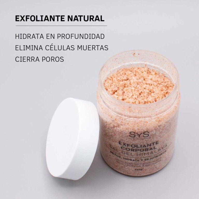 Tarro abierto de Exfoliante Corporal Sal del Himalaya 350g SYS con cristales rosados y tapa blanca