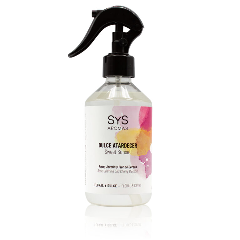 Ambientador Pulverizador Dulce Atardecer 300 ml Experience SYS Aromas con rosa, jazmín y flor de cerezo, aroma floral y dulce para el hogar.